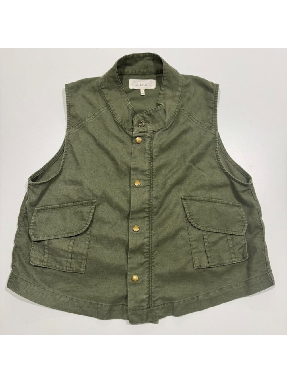 THE GREAT Women's Full Zip Olive Army Green Utility Vest Size 1 Cotton Linen